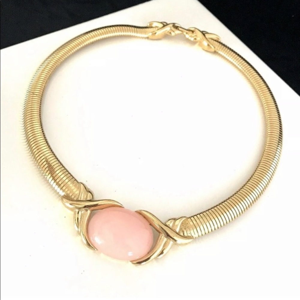 Vintage Trifari Necklace Omega Chain 80s Couture pink rose quartz